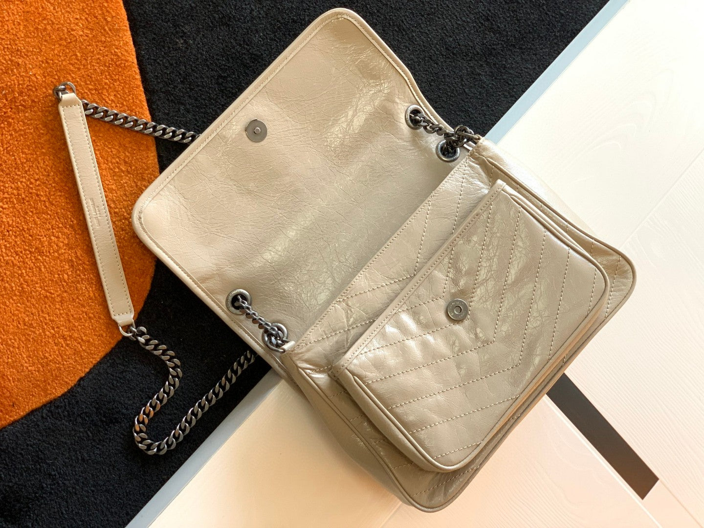 Saint Laurent Niki Medium Shoulder Bag in Beige Crinkled Leather