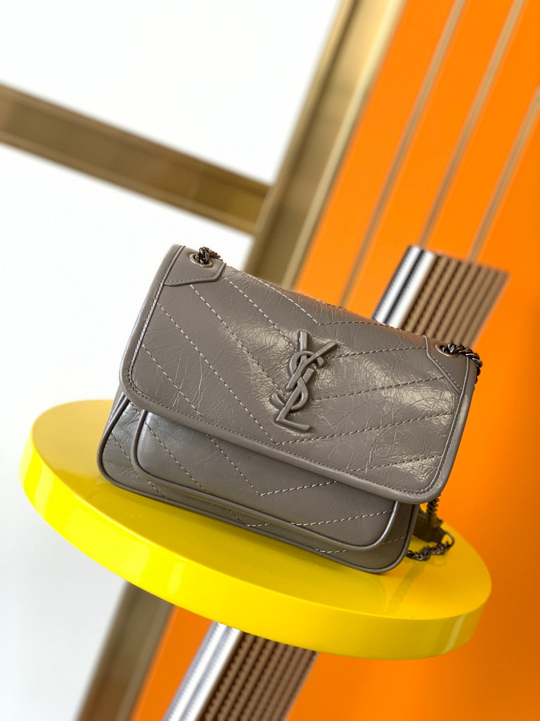 Saint Laurent Niki Medium Shoulder Bag in Grey Vintage Leather