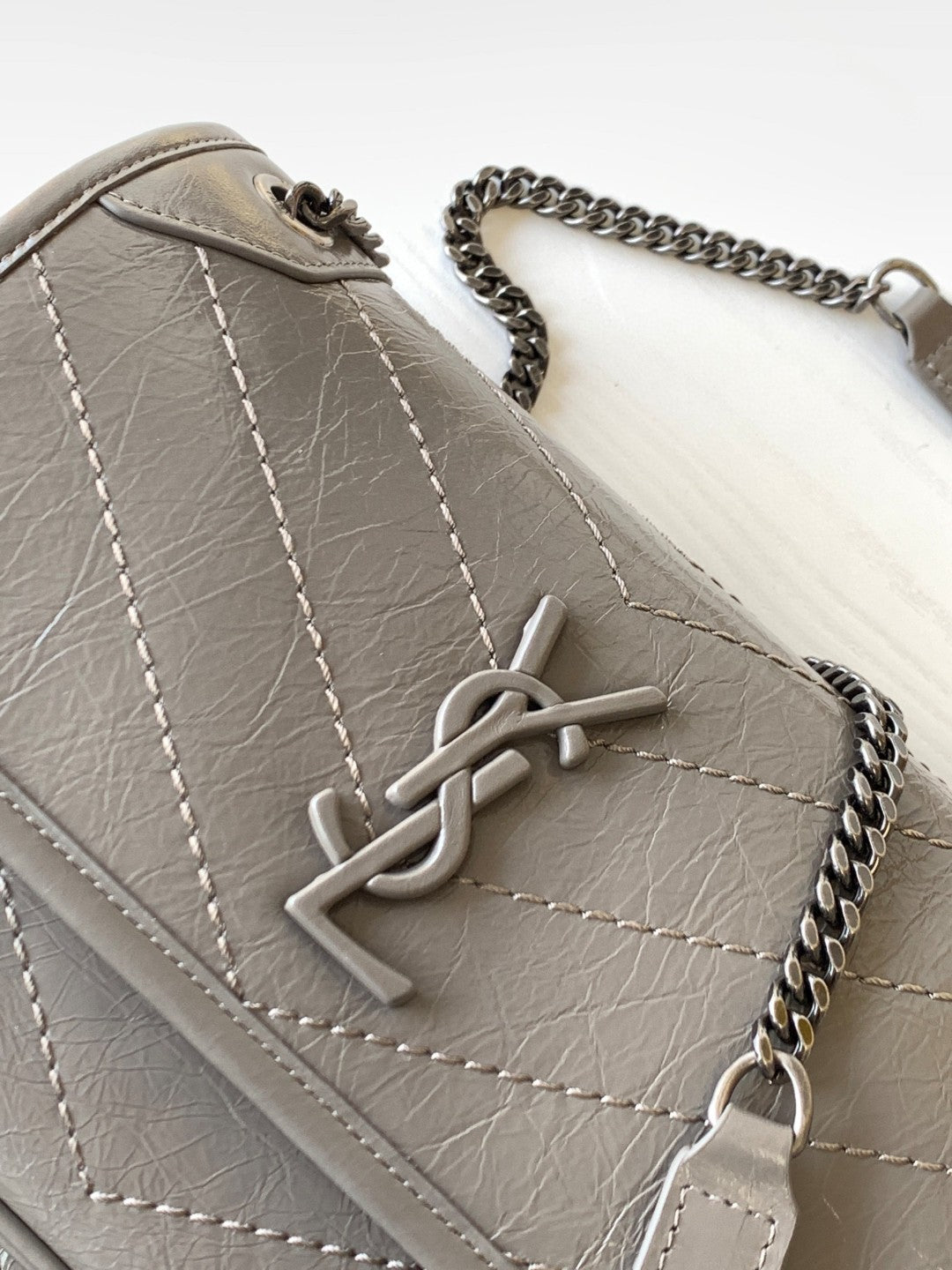 Saint Laurent Niki Medium Shoulder Bag in Grey Vintage Leather