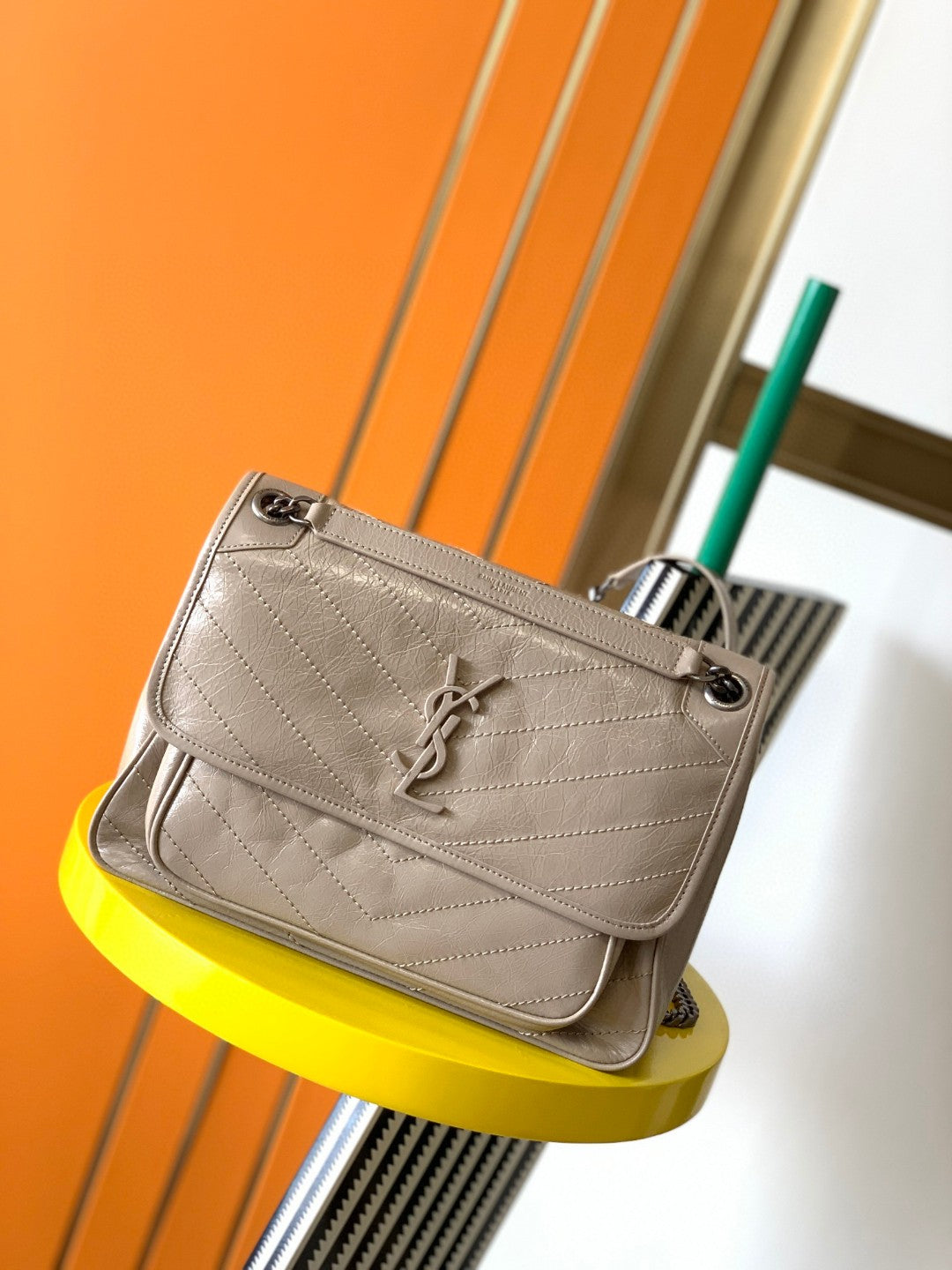 Saint Laurent Niki Medium Shoulder Bag in Crinkled Vintage Leather - Beige