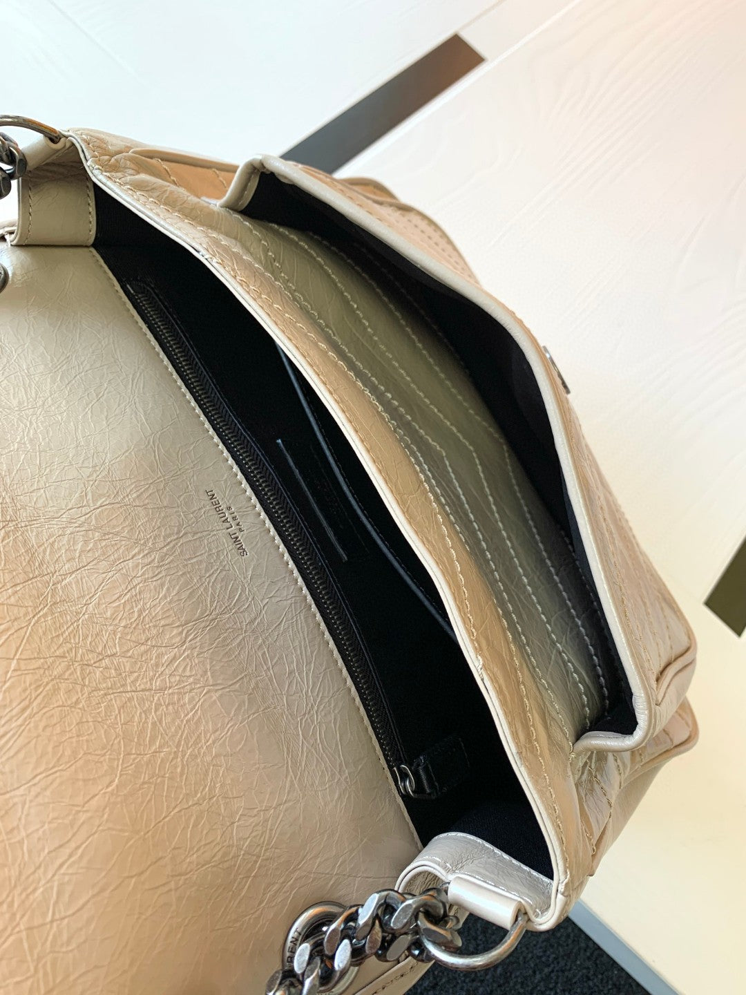 Saint Laurent Niki Medium Shoulder Bag in Crinkled Vintage Leather - Beige