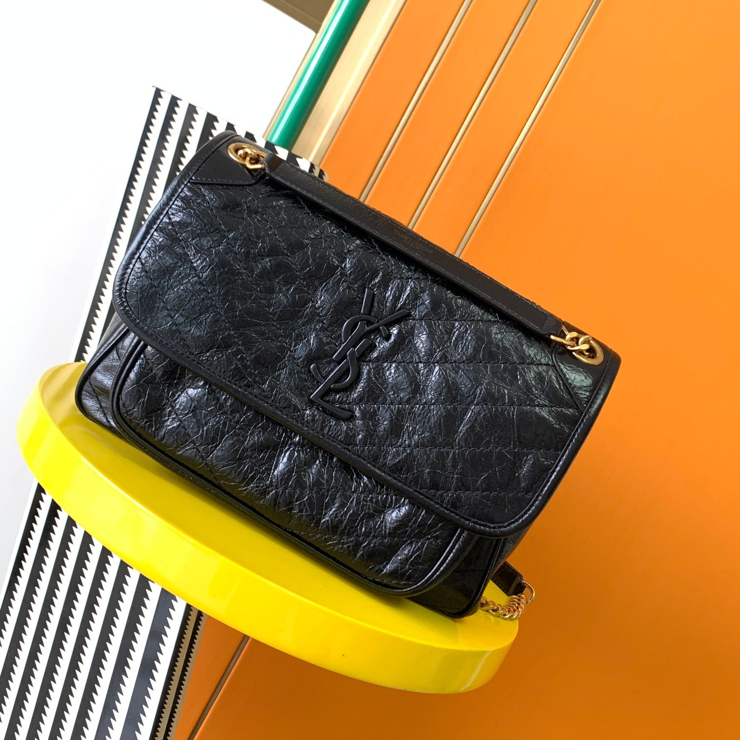 Saint Laurent Medium Niki Shoulder Bag in Black Crinkled Vintage Leather