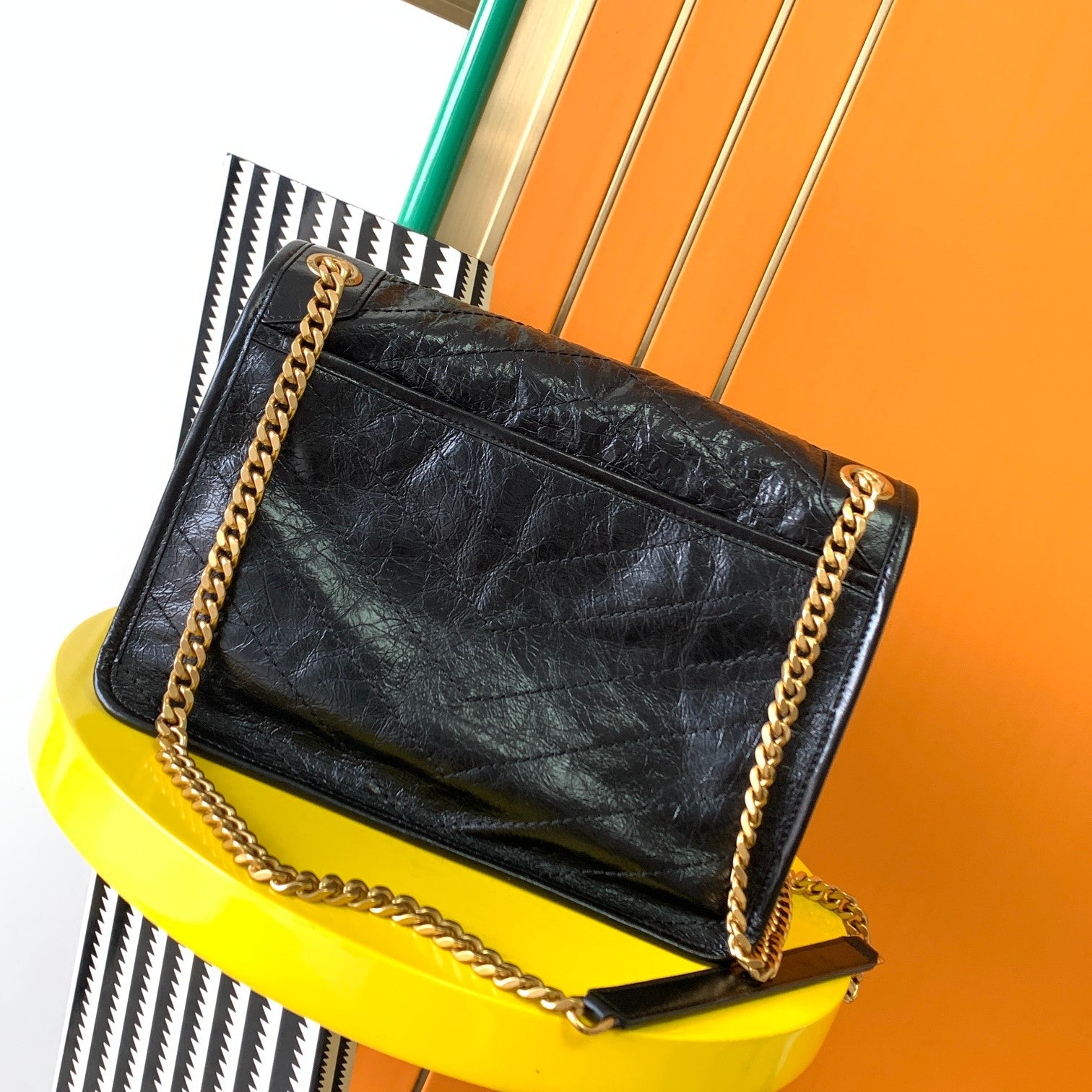 Saint Laurent Medium Niki Shoulder Bag in Black Crinkled Vintage Leather