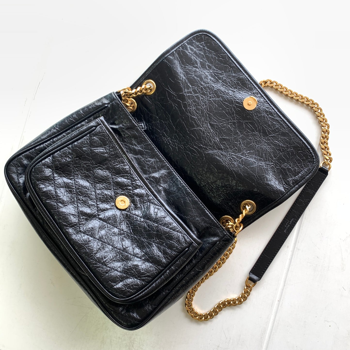 Saint Laurent Medium Niki Shoulder Bag in Black Crinkled Vintage Leather