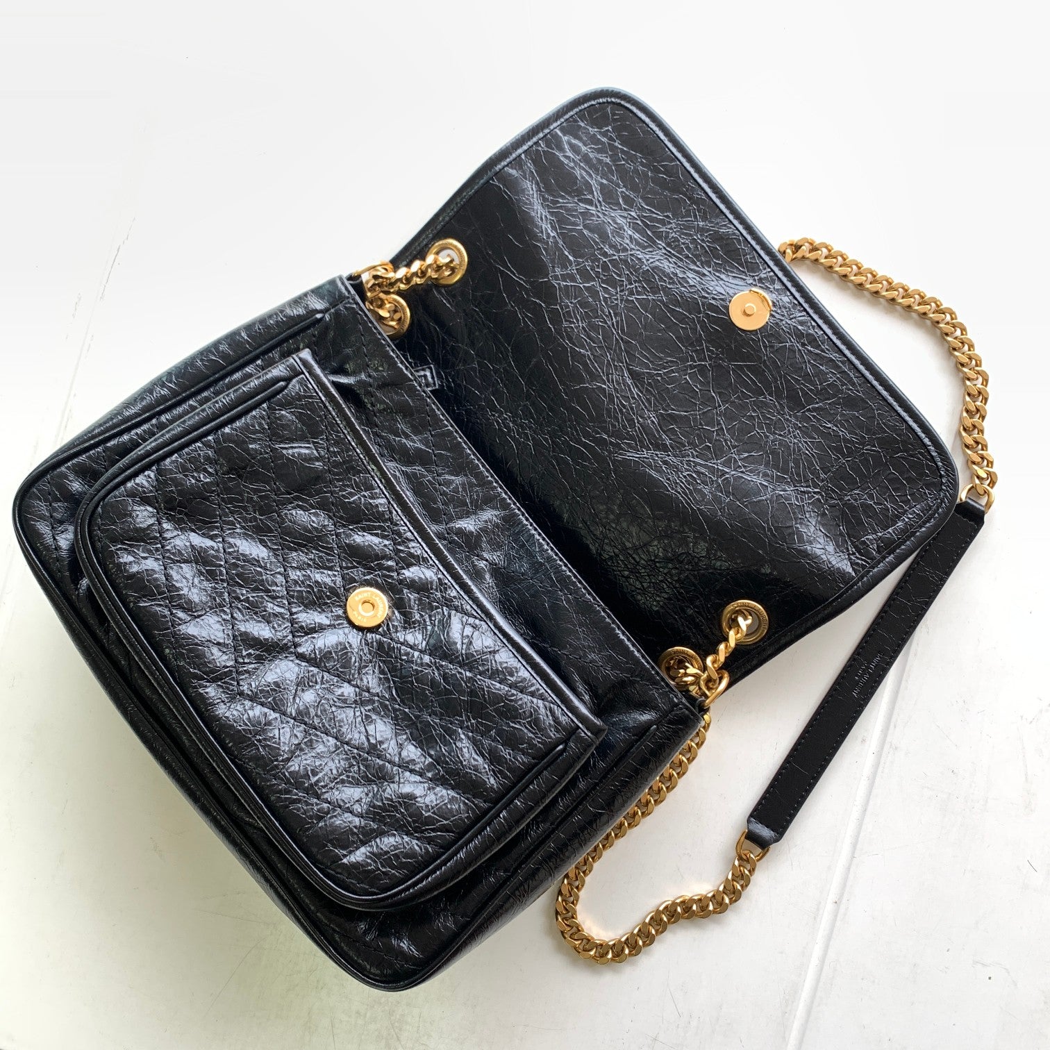 Saint Laurent Medium Niki Shoulder Bag in Black Crinkled Vintage Leather