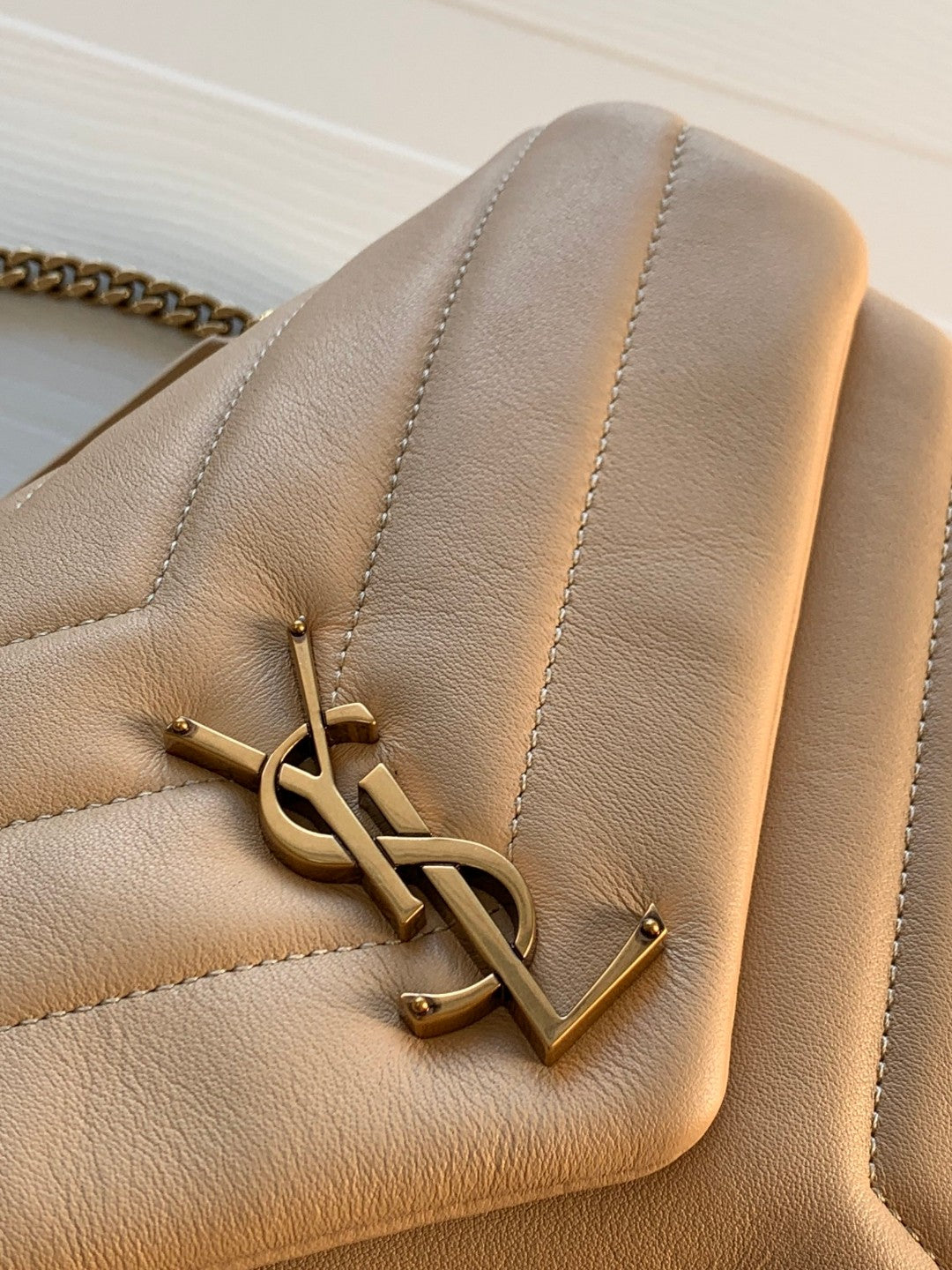 Saint Laurent Loulou Small Quilted Shoulder Bag in Beige Leather