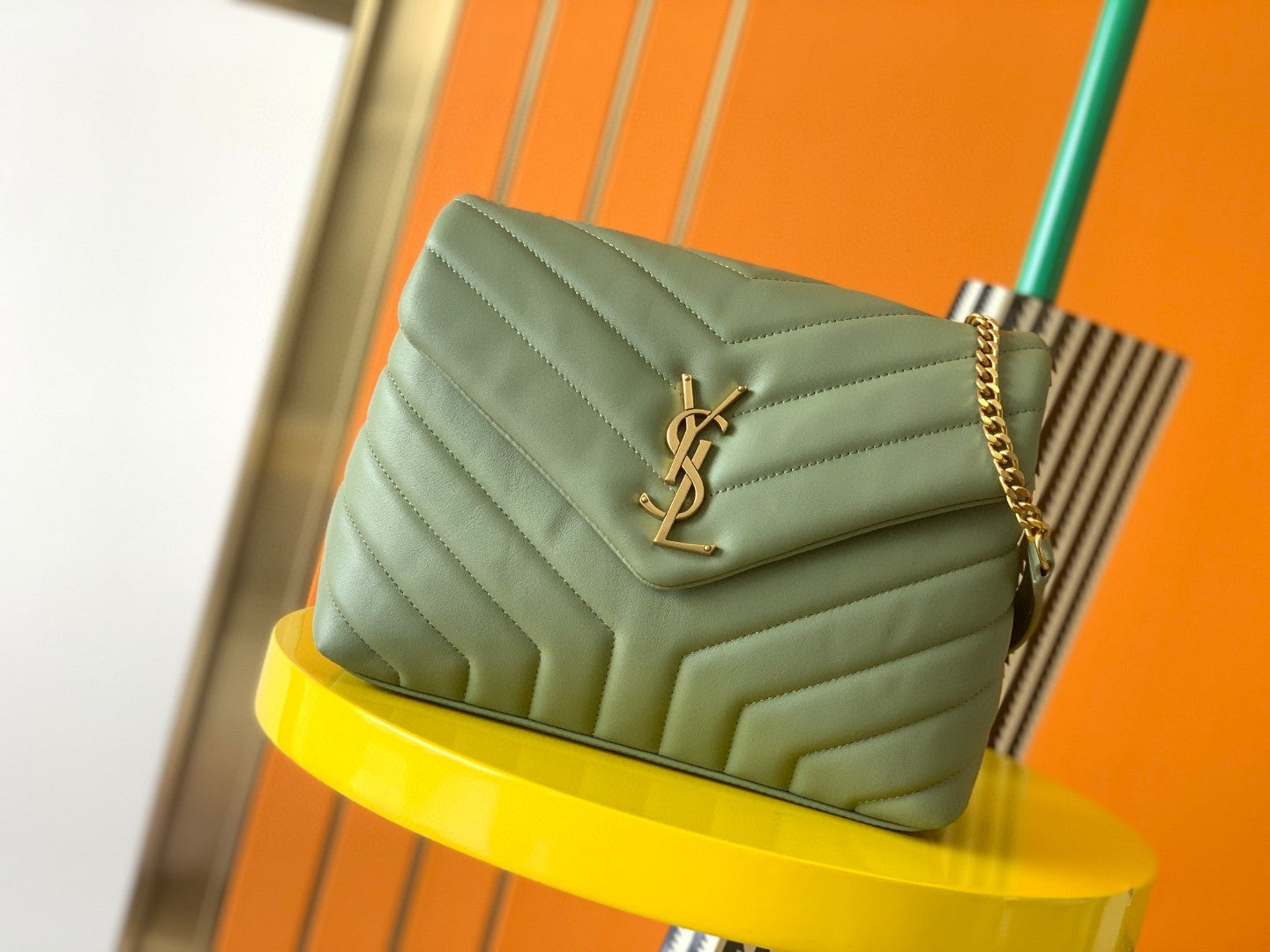 Saint Laurent Loulou Small Quilted Leather Shoulder Bag in Sage Green