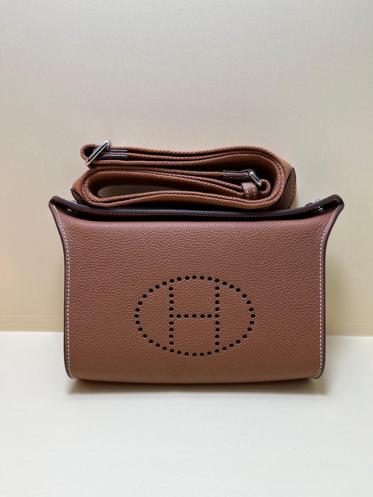 Small Brown Perforated Leather Crossbody Bag with Shoulder Strap