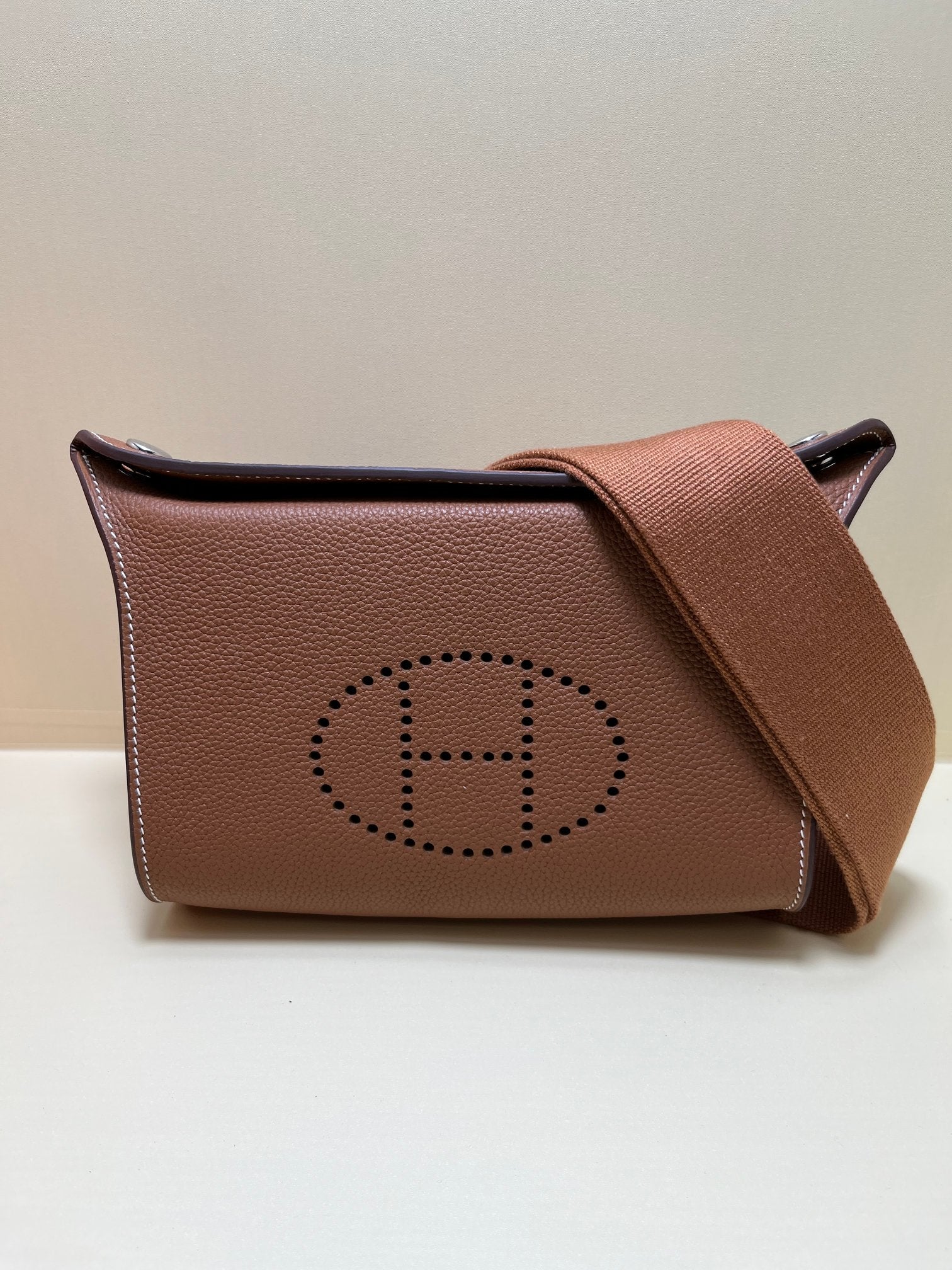 Small Brown Perforated Leather Crossbody Bag with Shoulder Strap