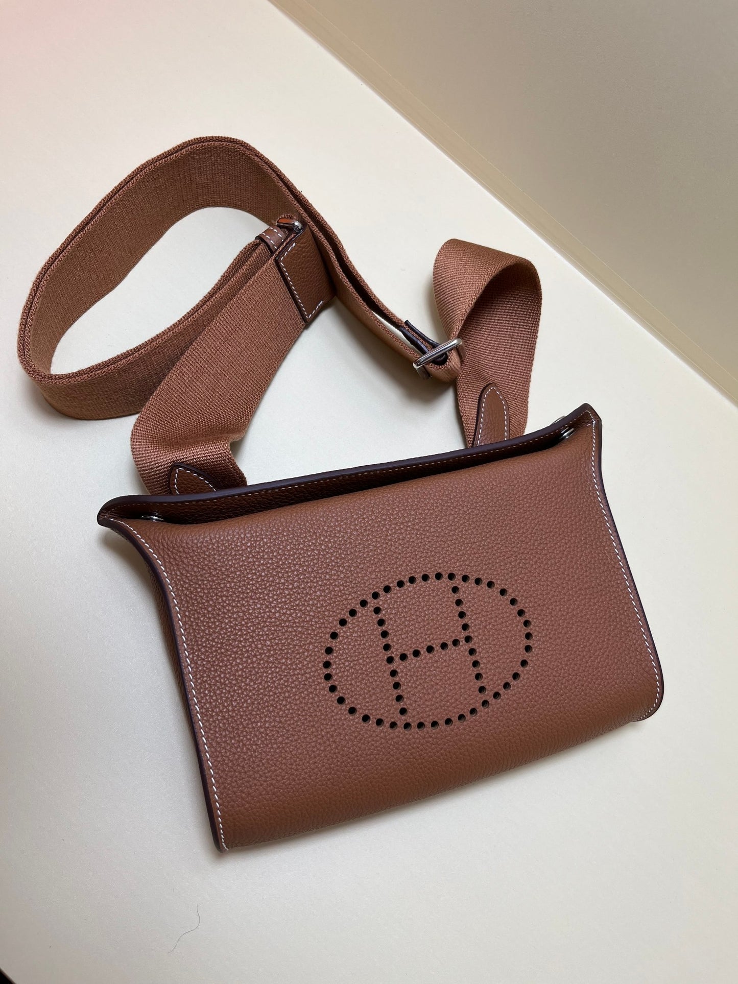 Small Brown Perforated Leather Crossbody Bag with Shoulder Strap