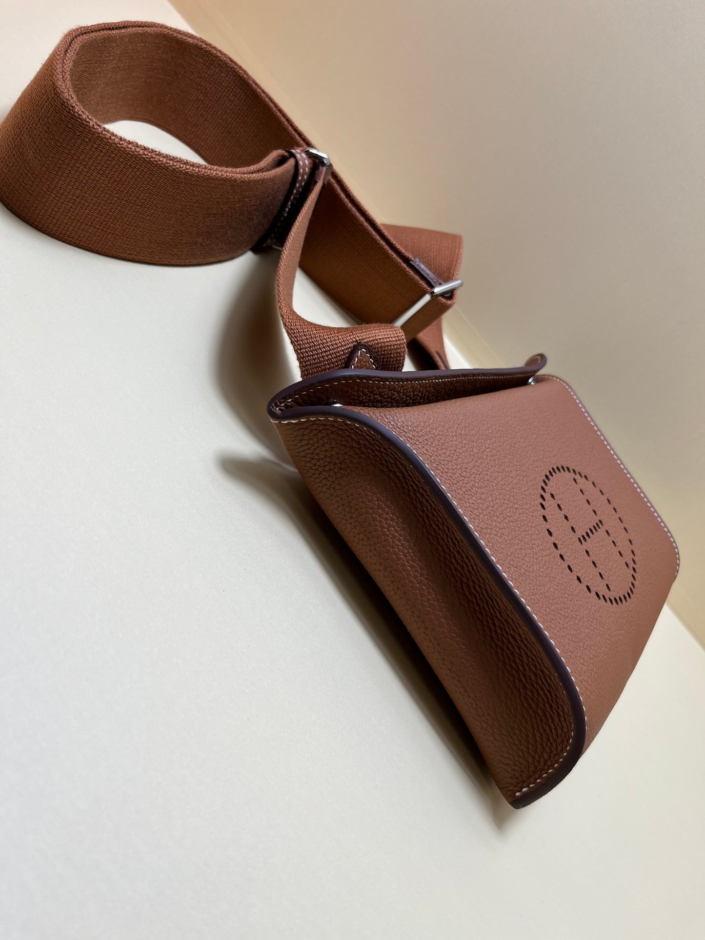 Small Brown Perforated Leather Crossbody Bag with Shoulder Strap