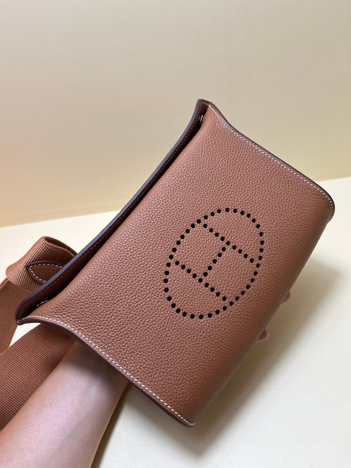 Small Brown Perforated Leather Crossbody Bag with Shoulder Strap