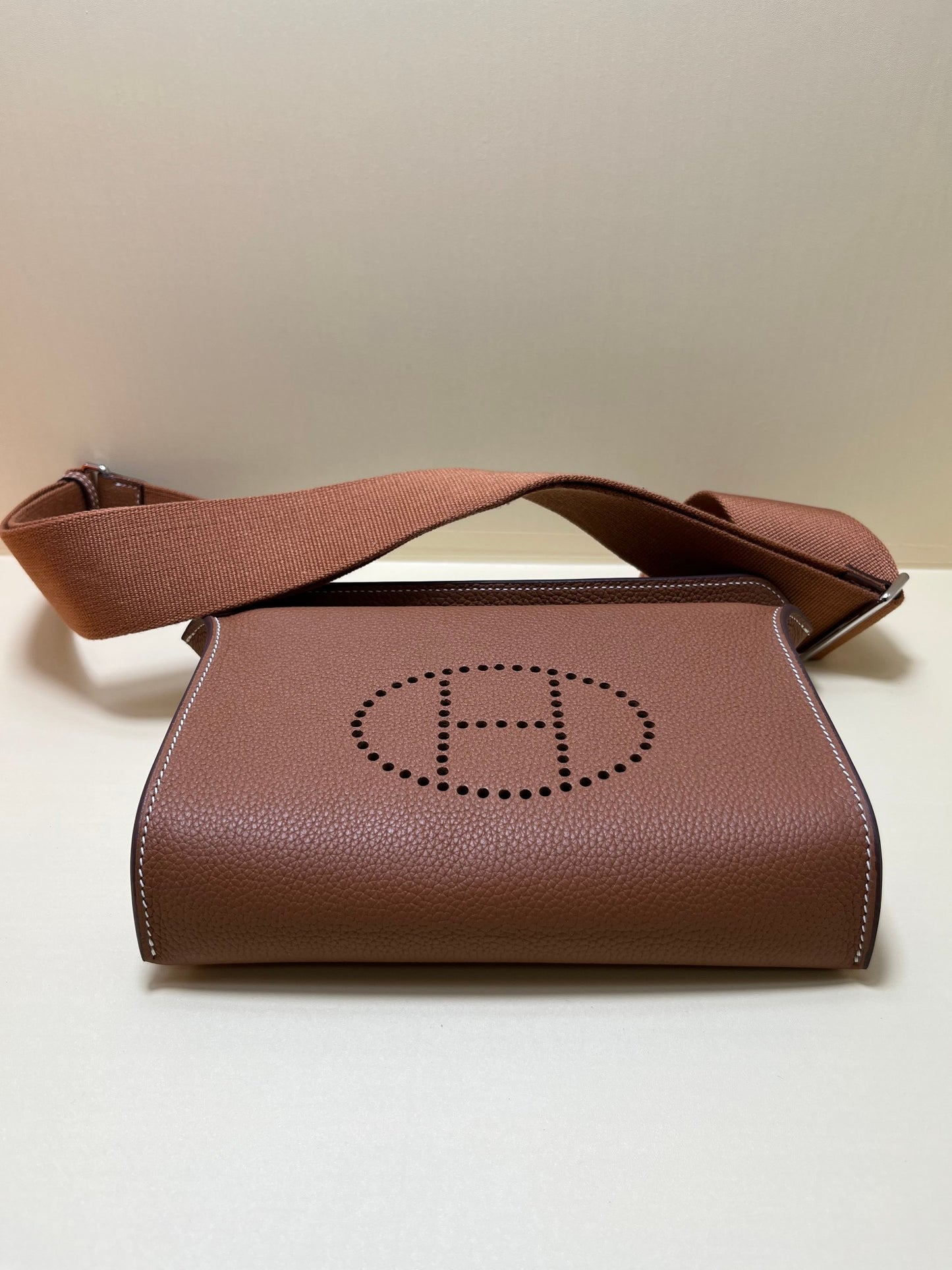 Small Brown Perforated Leather Crossbody Bag with Shoulder Strap