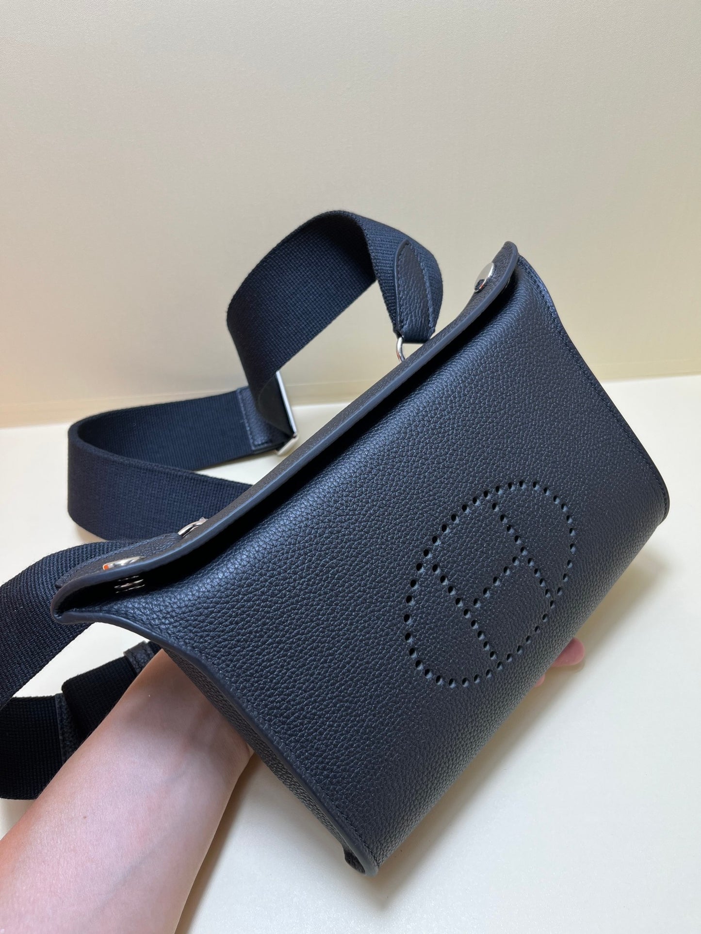 Hermes Evelyne TPM Noir Black Leather Crossbody Bag with Perforated H Logo