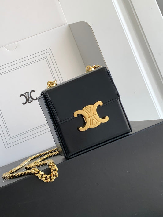 Celine Triomphe Mini Box Bag in Black Shiny Calfskin
