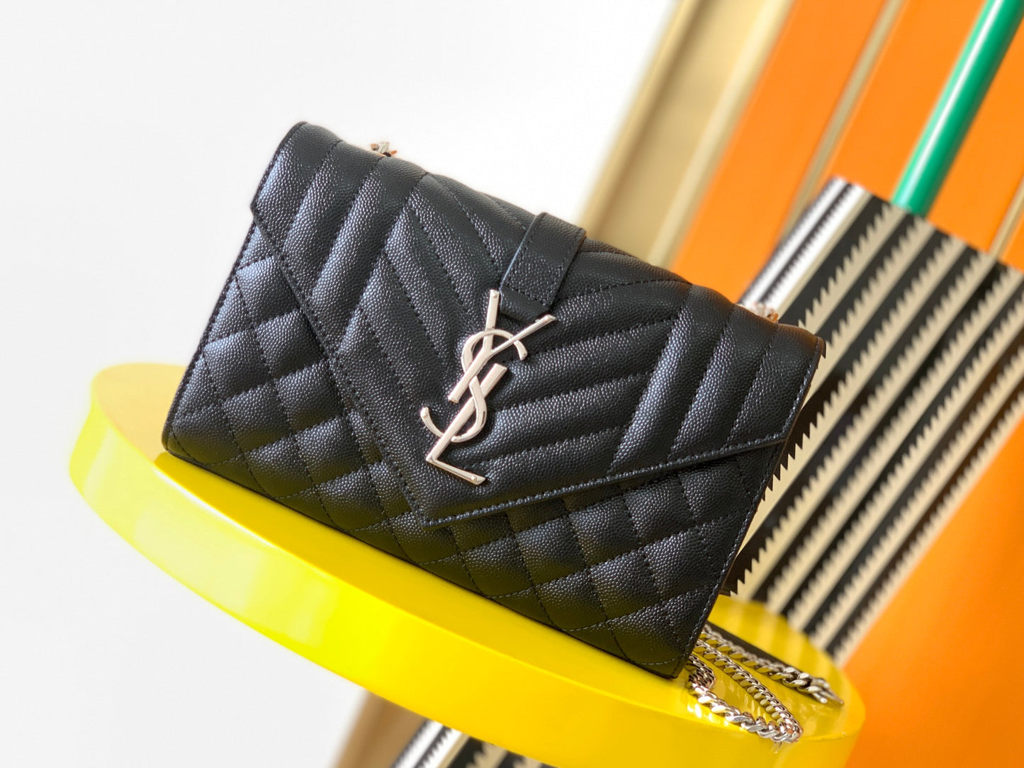Saint Laurent Monogram Envelope Chain Wallet in Quilted Leather - Black