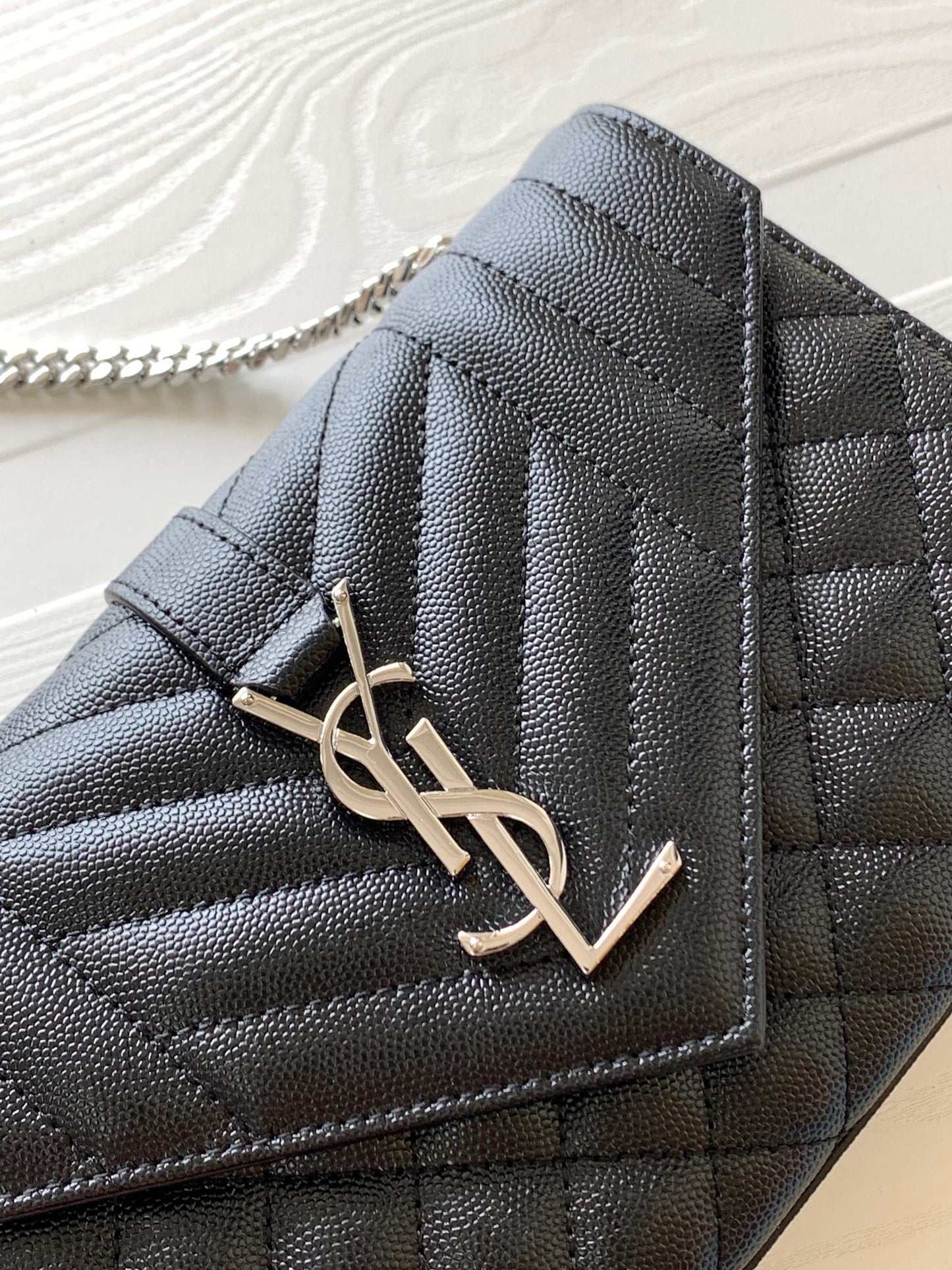 Saint Laurent Monogram Envelope Chain Wallet in Quilted Leather - Black