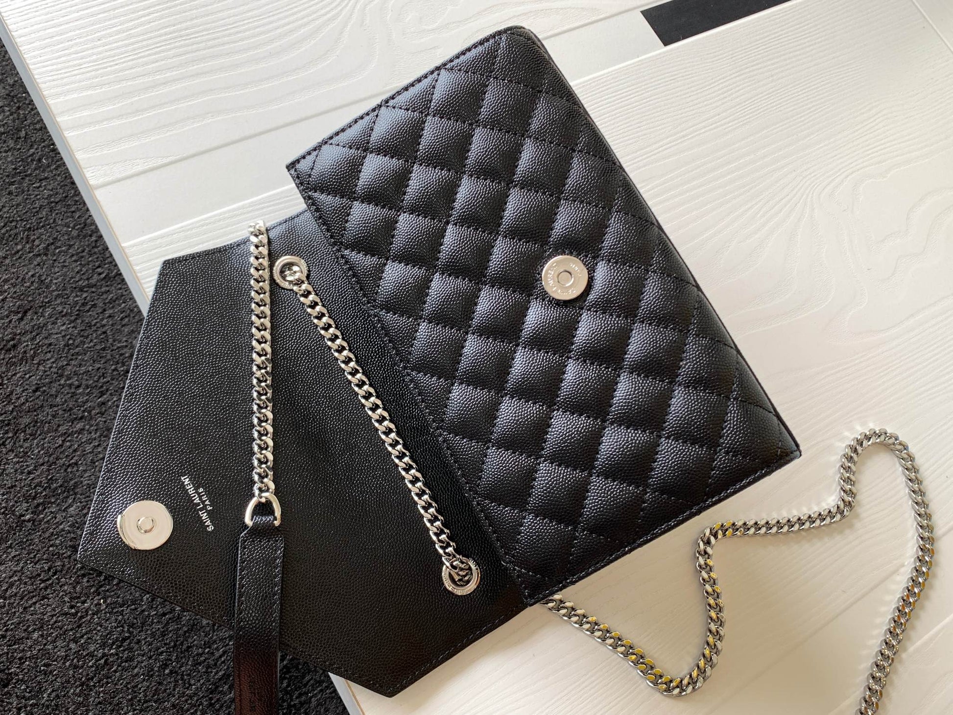Saint Laurent Monogram Envelope Chain Wallet in Quilted Leather - Black