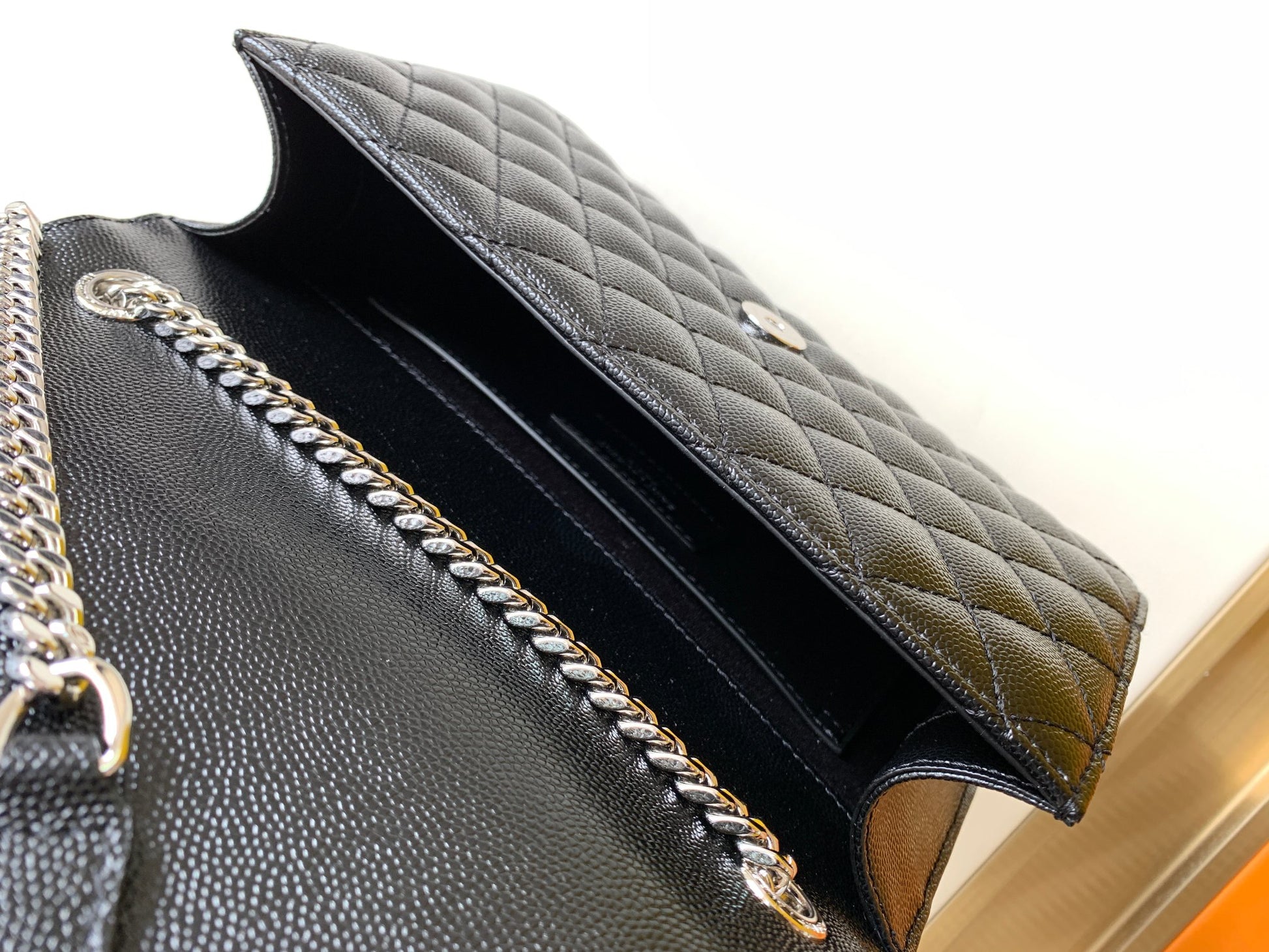 Saint Laurent Monogram Envelope Chain Wallet in Quilted Leather - Black