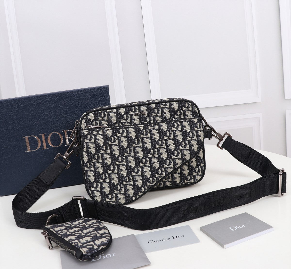 Dior Oblique Jacquard Messenger Bag with Removable Pouch - Black and Beige