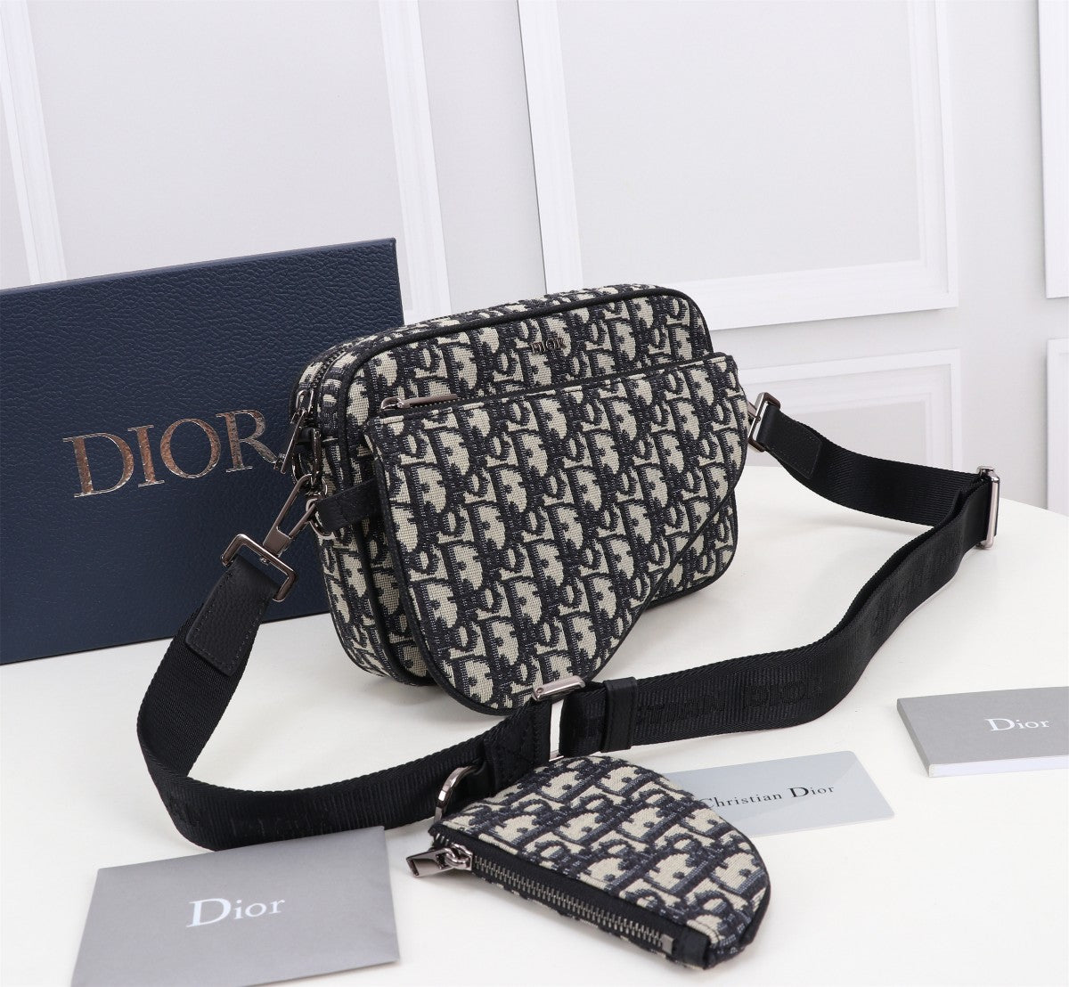 Dior Oblique Jacquard Messenger Bag with Removable Pouch - Black and Beige
