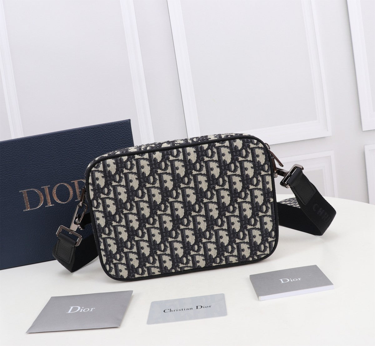 Dior Oblique Jacquard Messenger Bag with Removable Pouch - Black and Beige