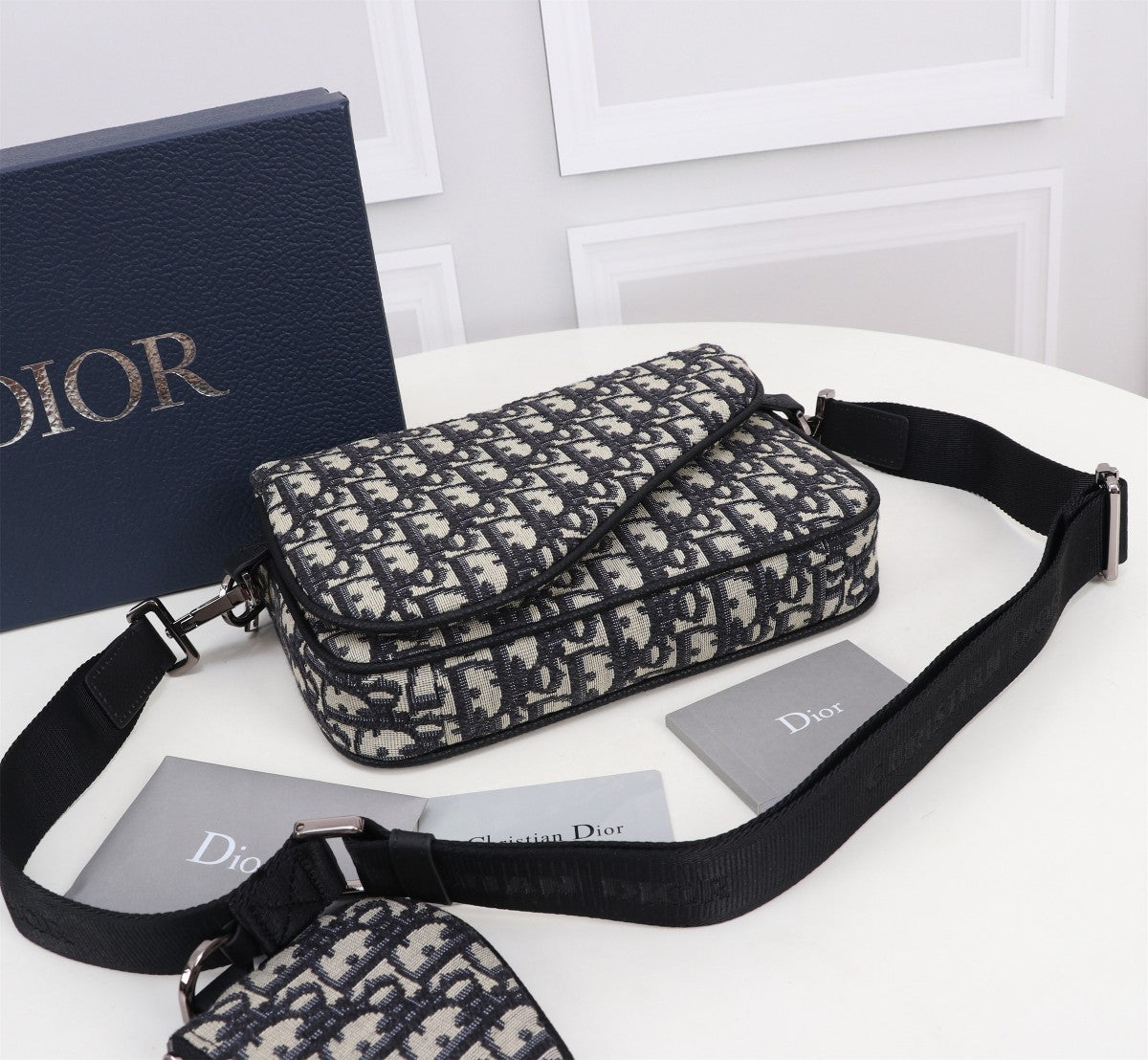 Dior Oblique Jacquard Messenger Bag with Removable Pouch - Black and Beige
