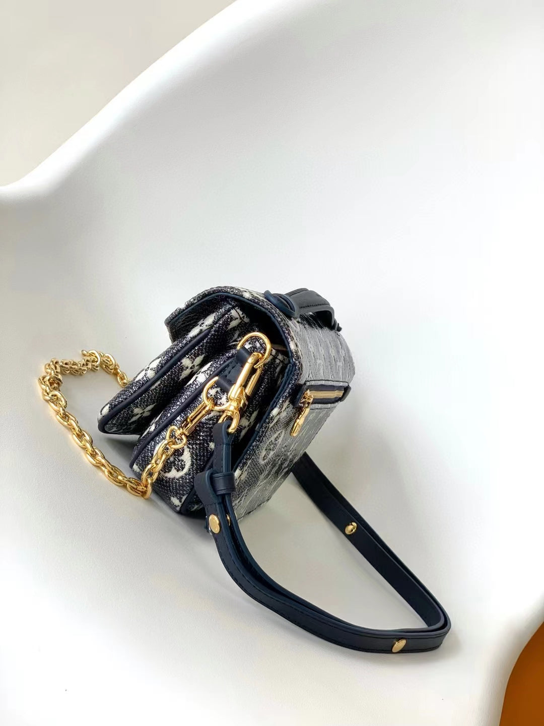 Louis Vuitton Navy Blue Monogram Denim Crossbody Bag with Gold Chain Strap