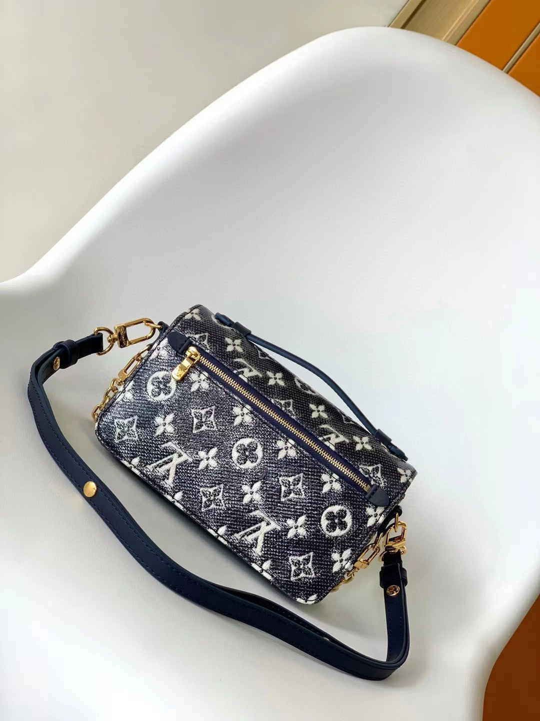 Louis Vuitton Navy Blue Monogram Denim Crossbody Bag with Gold Chain Strap