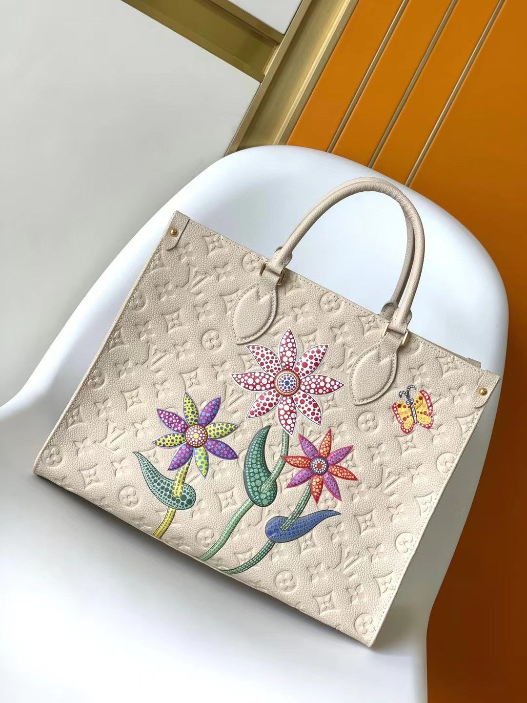 Louis Vuitton OnTheGo Monogram Empreinte Cream Leather Tote with Floral Embroidery