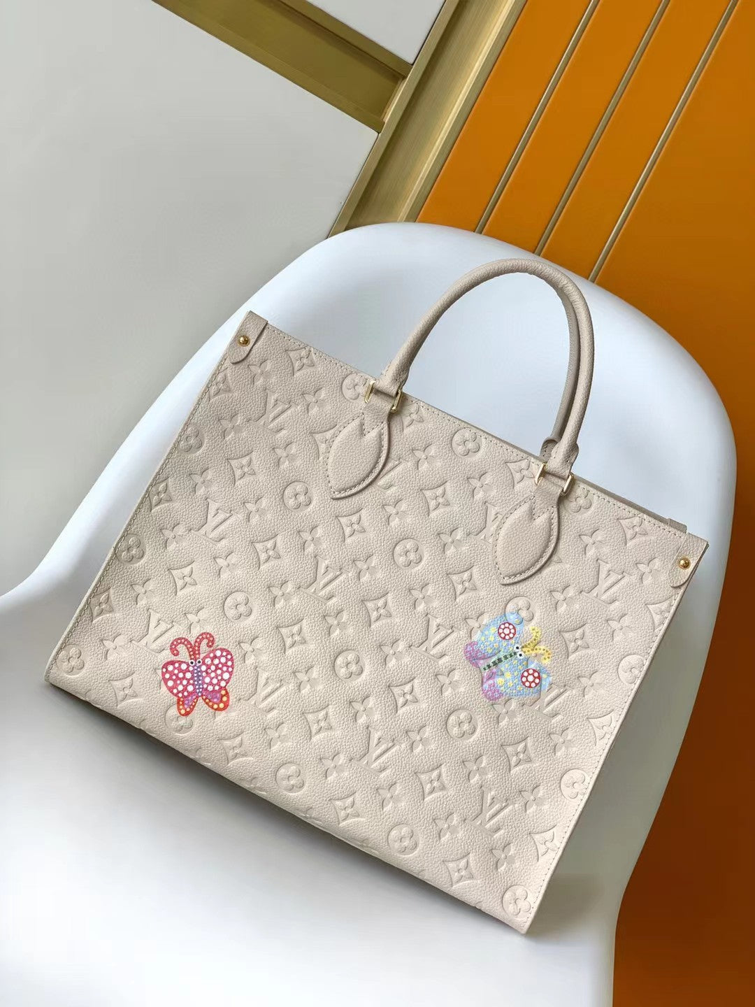 Louis Vuitton OnTheGo Monogram Empreinte Cream Leather Tote with Floral Embroidery
