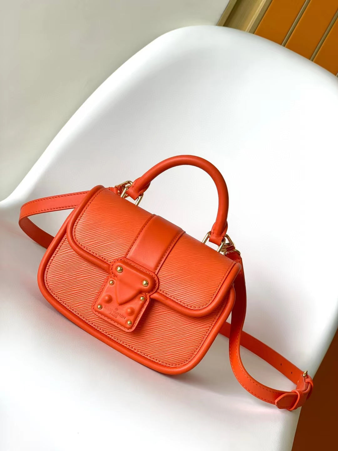 Orange Mini Top Handle Leather Handbag with Gold-Tone Latch Closure