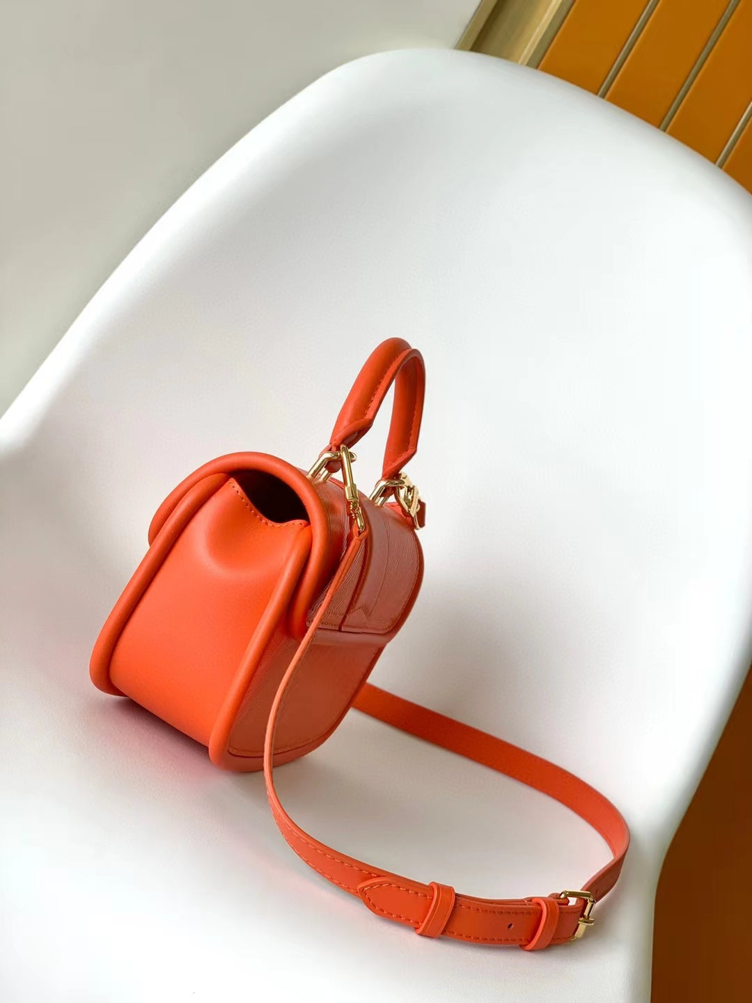 Orange Mini Top Handle Leather Handbag with Gold-Tone Latch Closure