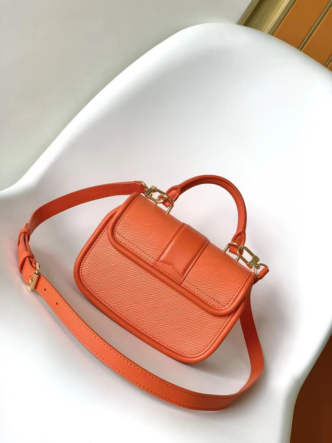 Orange Mini Top Handle Leather Handbag with Gold-Tone Latch Closure