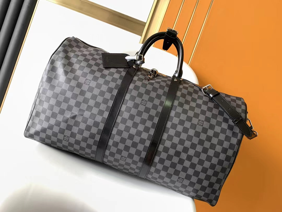 Luxury Damier Graphite Checkered Duffle Travel Bag - Black & Grey Large Weekender