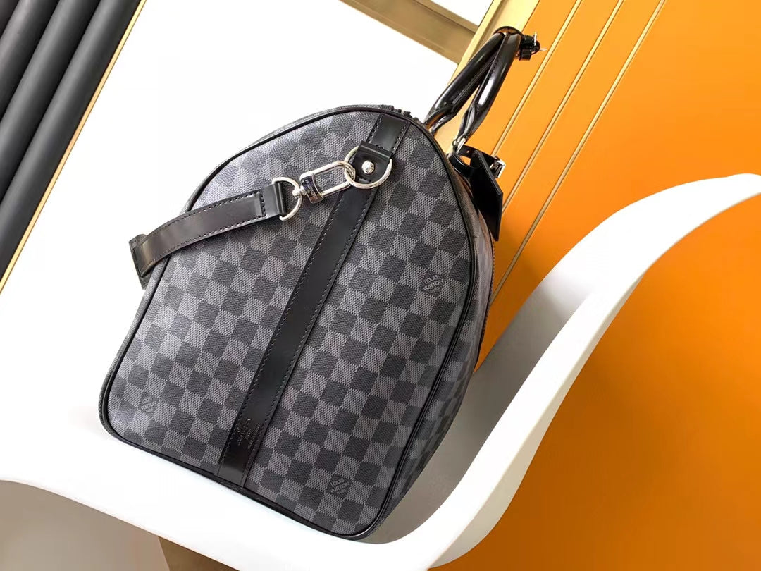 Louis Vuitton Grey Checkerboard Travel Duffle Bag with Leather Trim