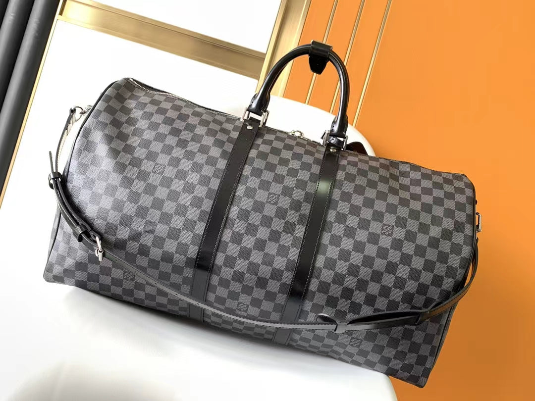 Luxury Damier Graphite Checkered Duffle Travel Bag - Black &amp; Grey Large Weekender