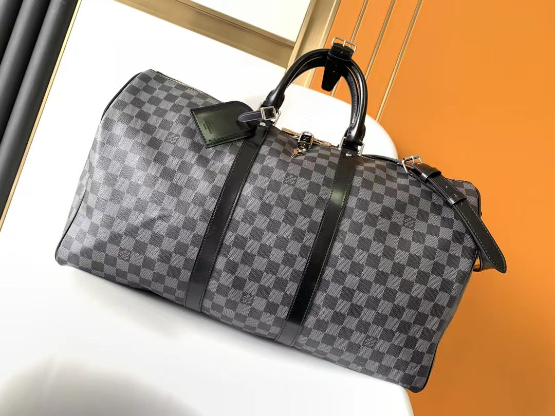 Luxury Checkerboard Damier Graphite Travel Duffle Bag - Gray and Black Weekender Bag