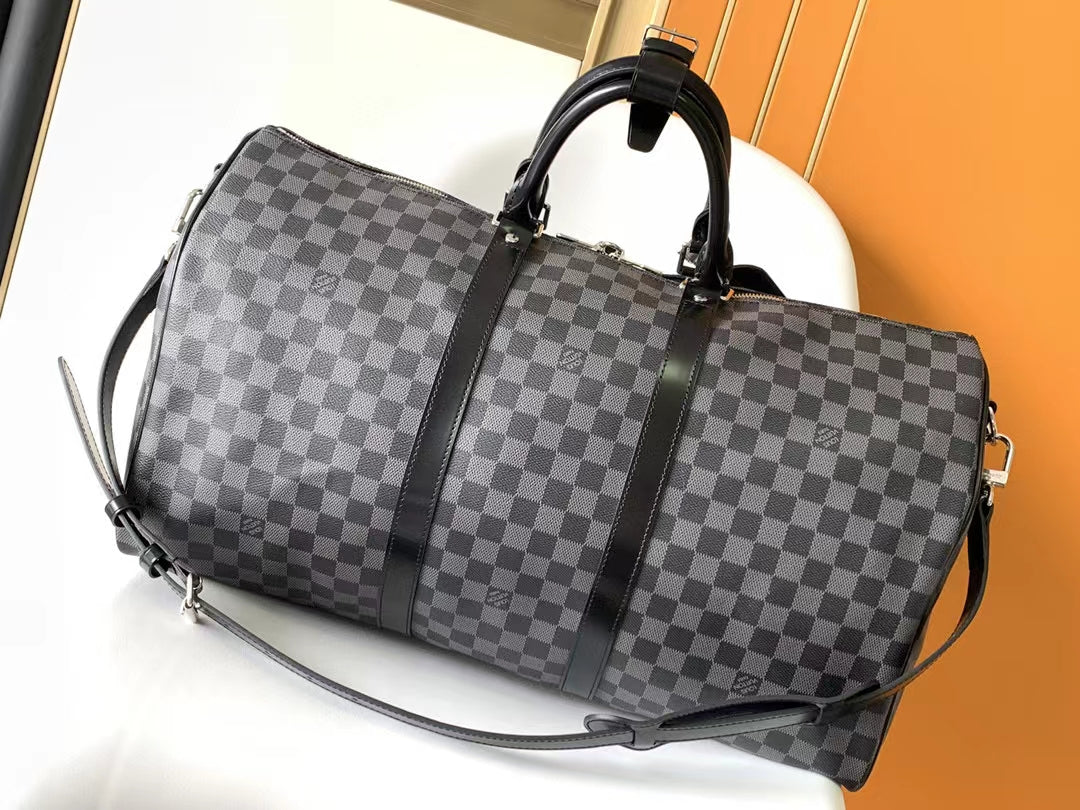 Luxury Checkerboard Damier Graphite Travel Duffle Bag - Gray and Black Weekender Bag