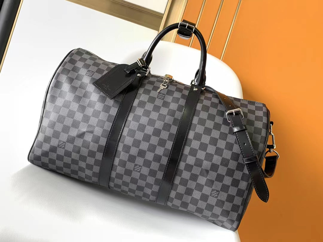 Luxury Checkered Duffel Bag - Black and Grey Travel Weekender Bag