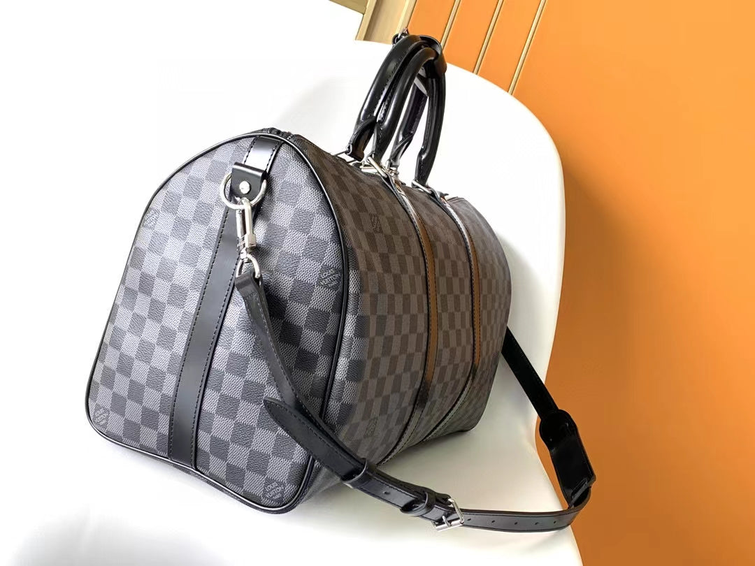 Luxury Checkered Duffel Bag - Black and Grey Travel Weekender Bag