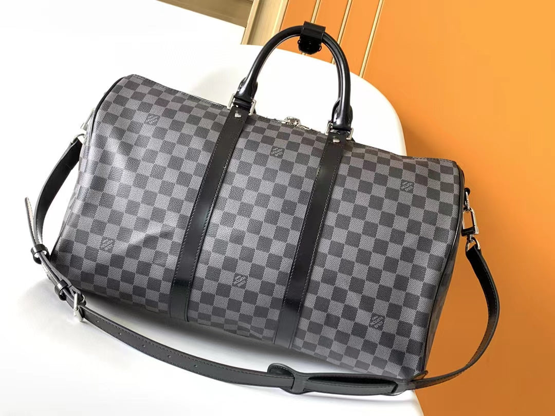 Luxury Checkered Duffel Bag - Black and Grey Travel Weekender Bag