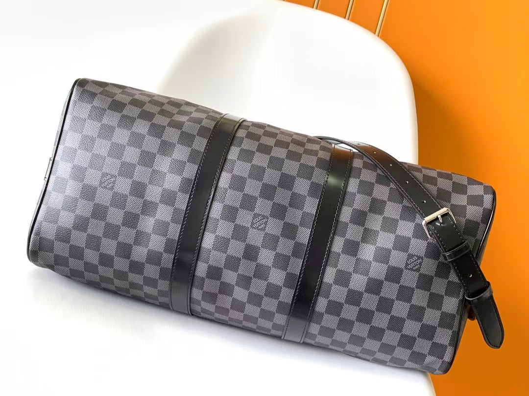 Luxury Checkered Duffel Bag - Black and Grey Travel Weekender Bag