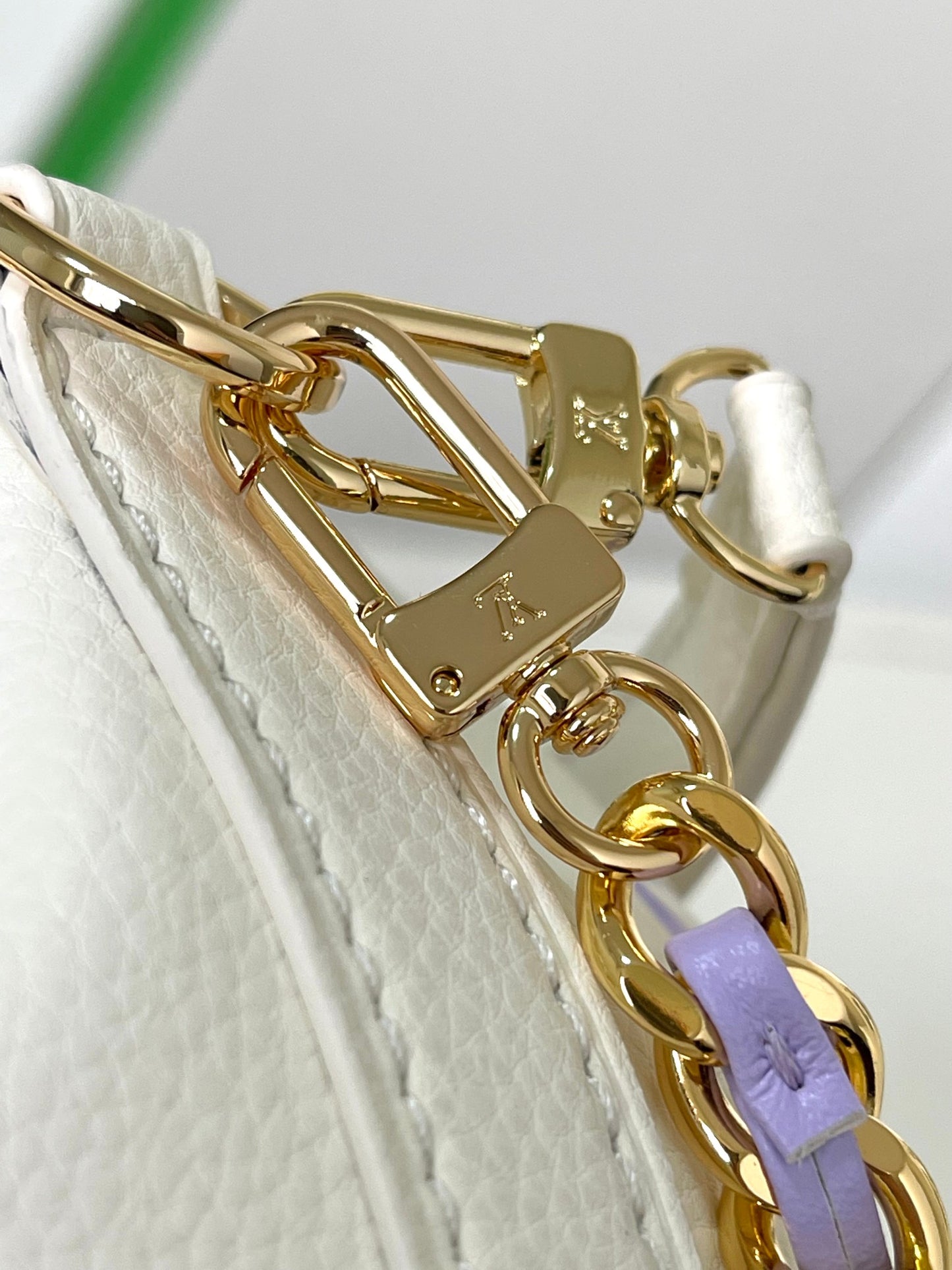 Mini Drawstring Bucket Crossbody Bag - White with Purple Monogram & Gold Chain