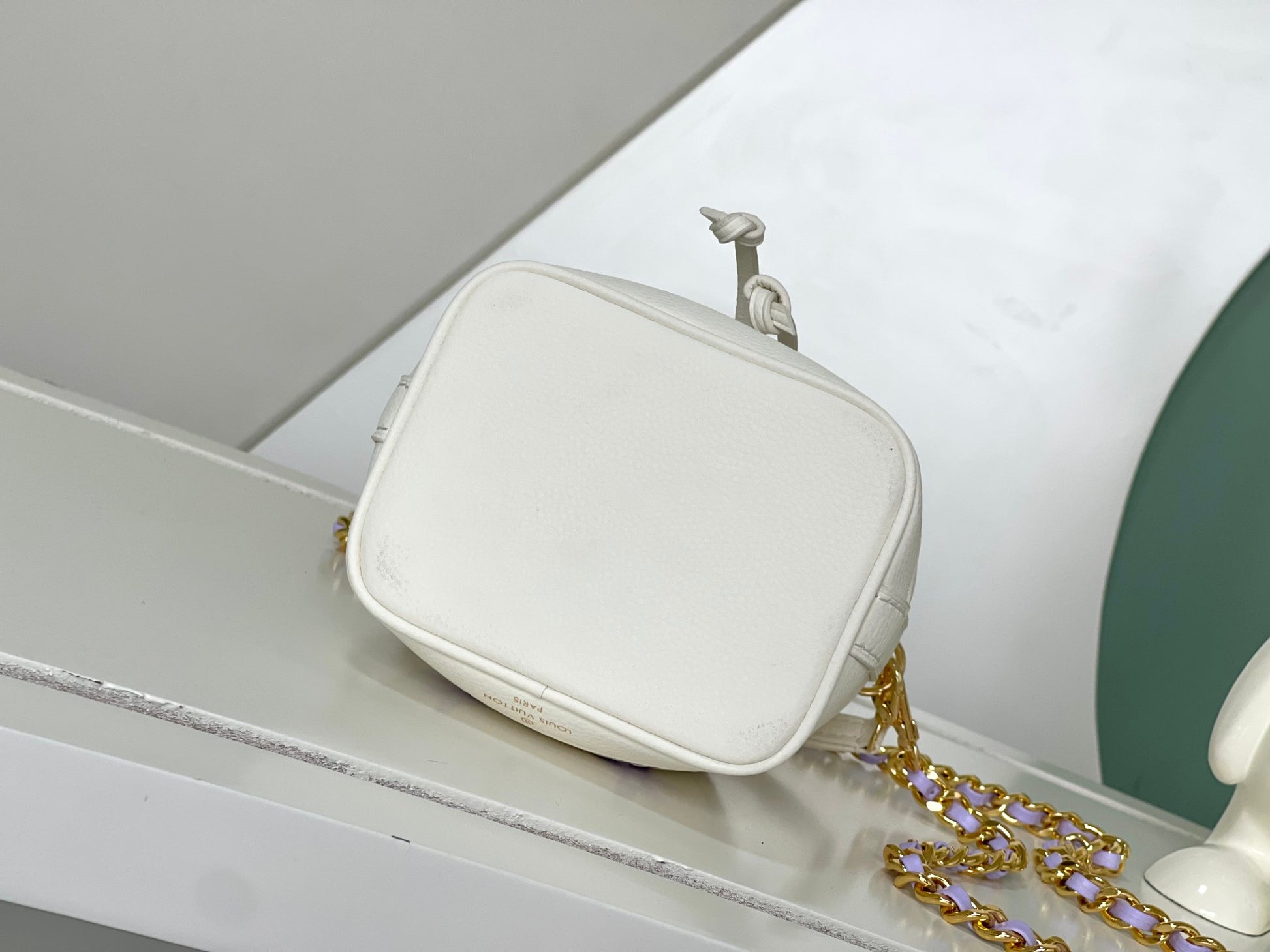 Mini Drawstring Bucket Crossbody Bag - White with Purple Monogram & Gold Chain