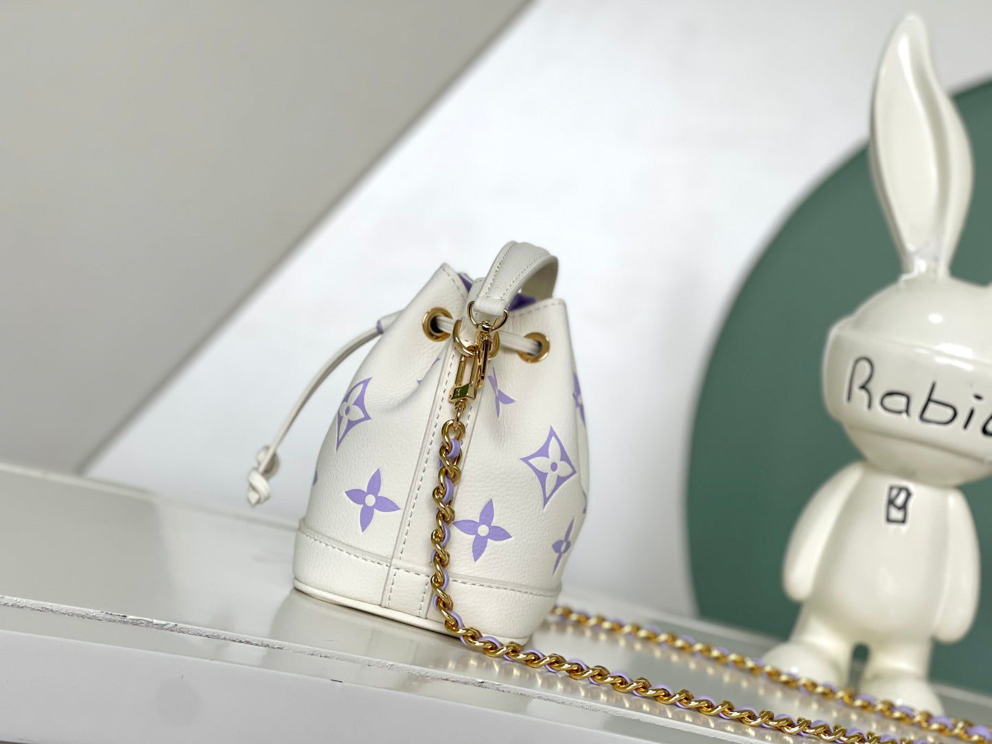 Mini Drawstring Bucket Crossbody Bag - White with Purple Monogram &amp; Gold Chain