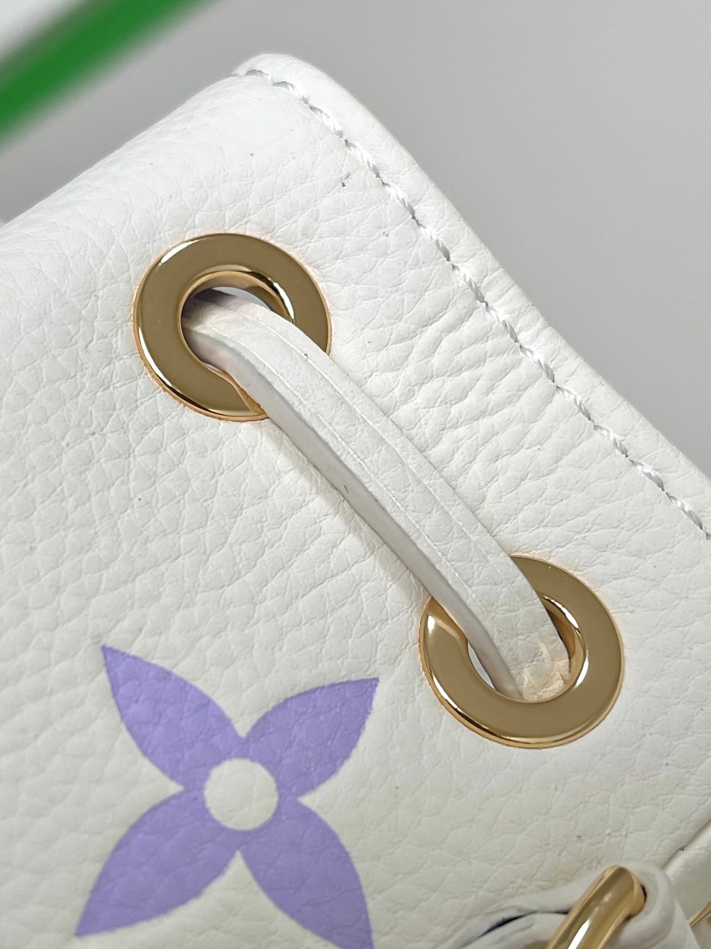 Mini Drawstring Bucket Crossbody Bag - White with Purple Monogram & Gold Chain
