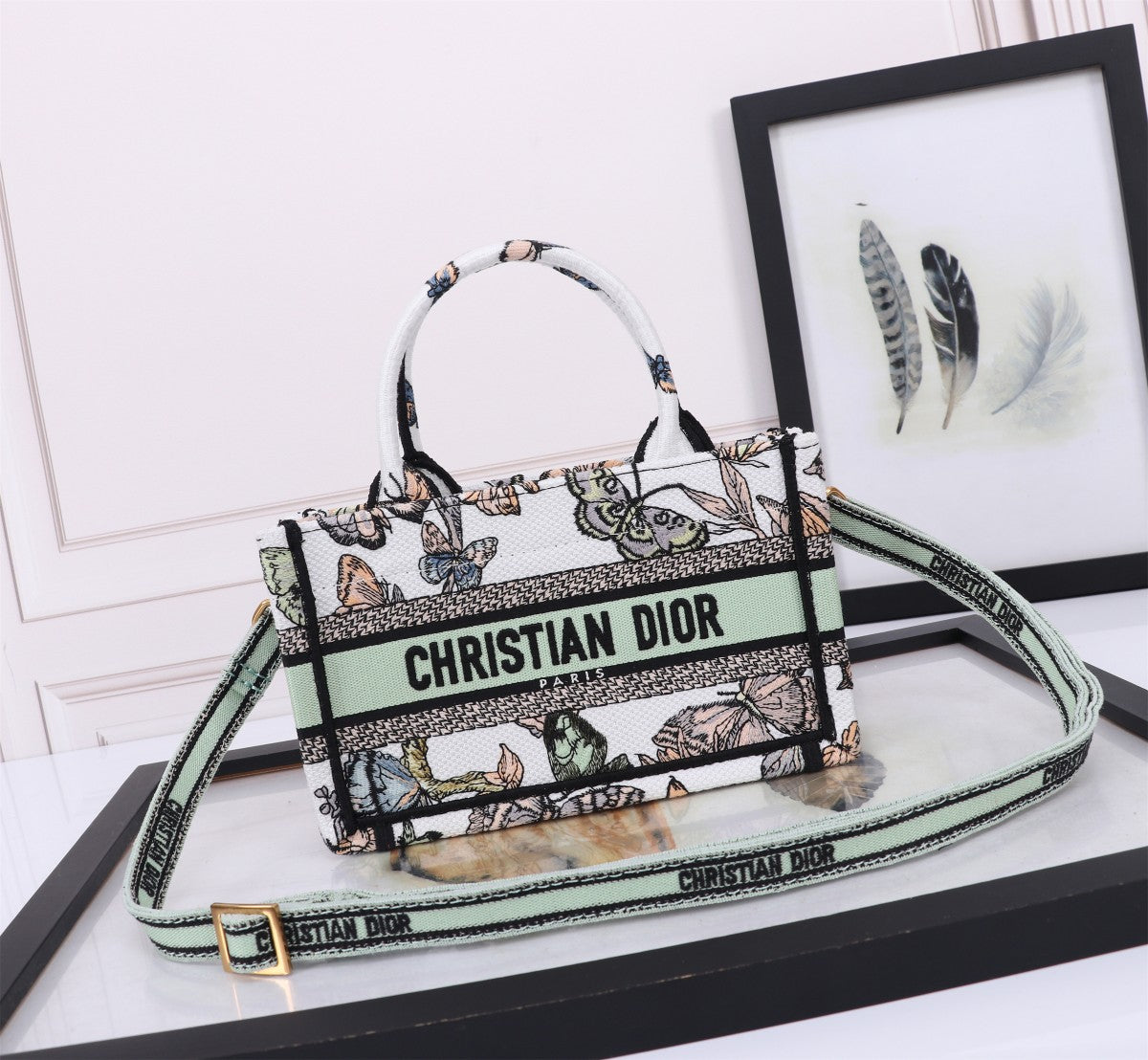 Christian Dior Medium Lady D-Joy Bag with Butterfly Around the World Motif - White & Green