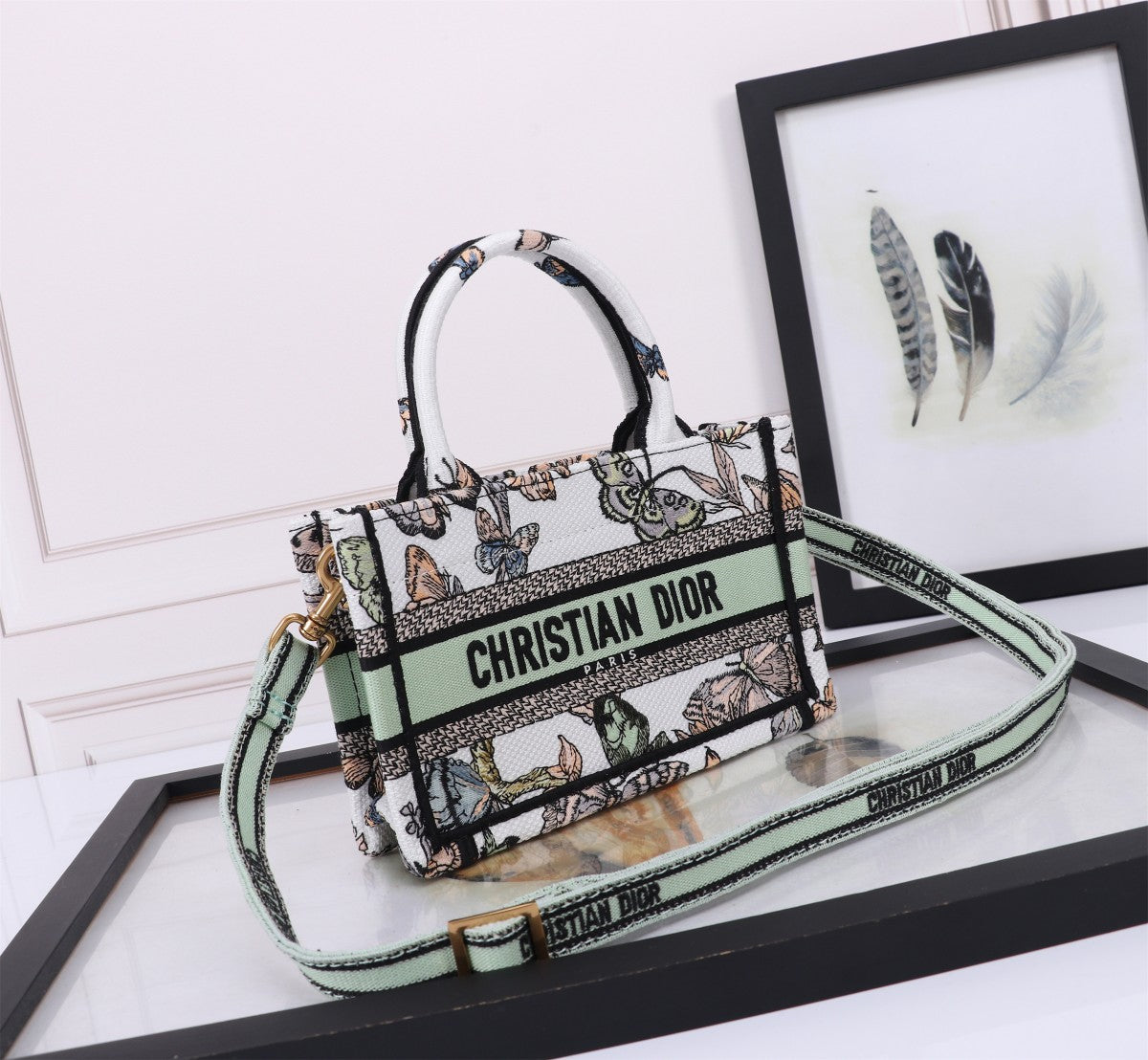 Christian Dior Medium Lady D-Joy Bag with Butterfly Around the World Motif - White & Green