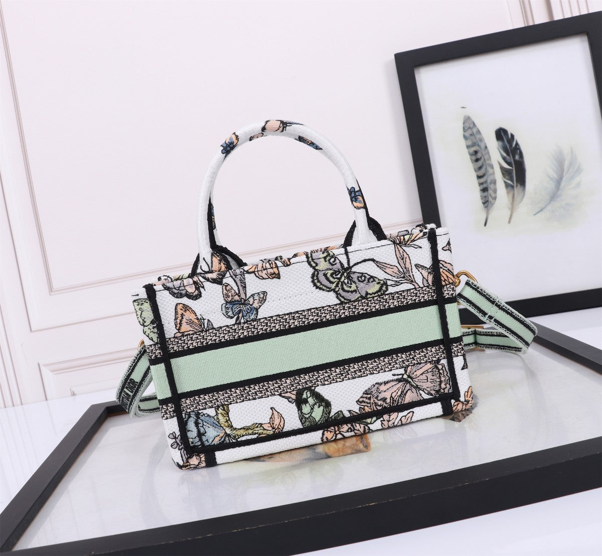 Christian Dior Medium Lady D-Joy Bag with Butterfly Around the World Motif - White & Green